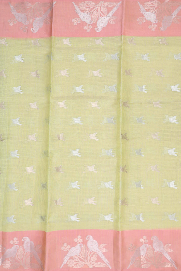 Kota Cotton Saree In Pastel Green With Birds Buttas