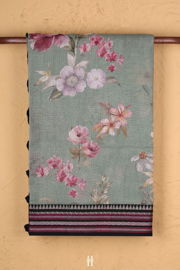 Kota Cotton Saree In Pastel Green With Floral Printed Design