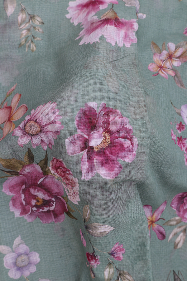 Kota Cotton Saree In Pastel Green With Floral Printed Design