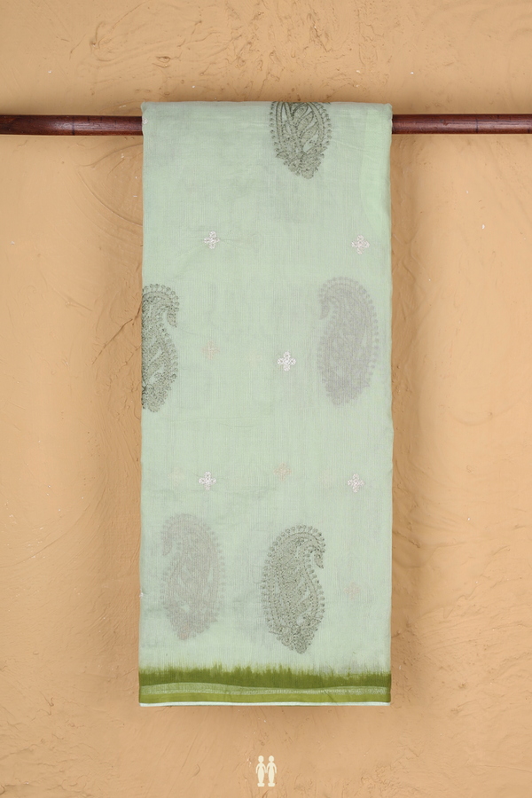 Kota Cotton Saree In Pastel Green With Paisley Motifs