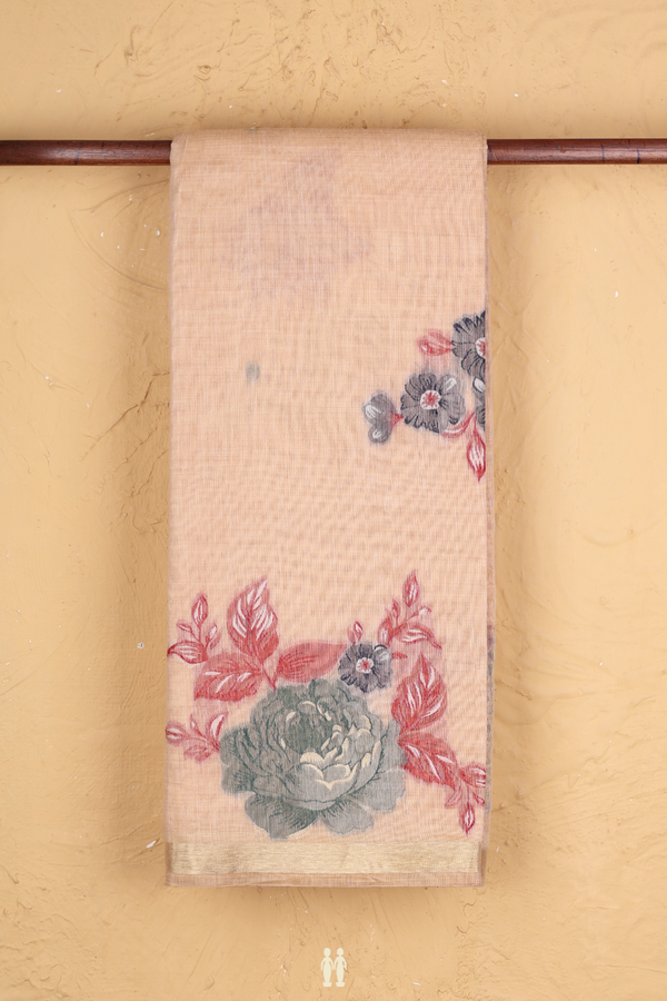 Kota Cotton Saree In Pastel Orange With Floral Design