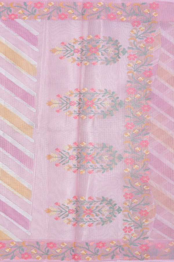 Kota Cotton Saree In Pink And Yellow With Diagonal Design