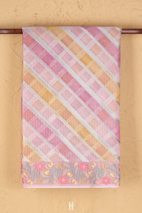 Kota Cotton Saree In Pink And Yellow With Diagonal Design