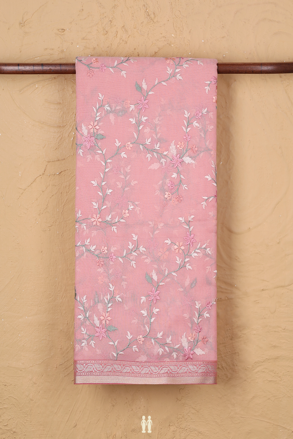 Kota Cotton Saree In Pink With Floral Embroidered Design
