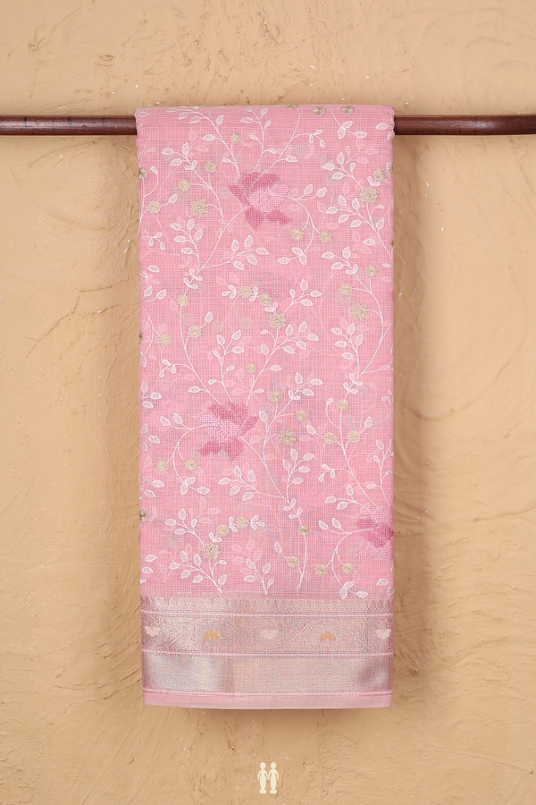 Kota Cotton Saree In Pink With Floral Embroidered Design