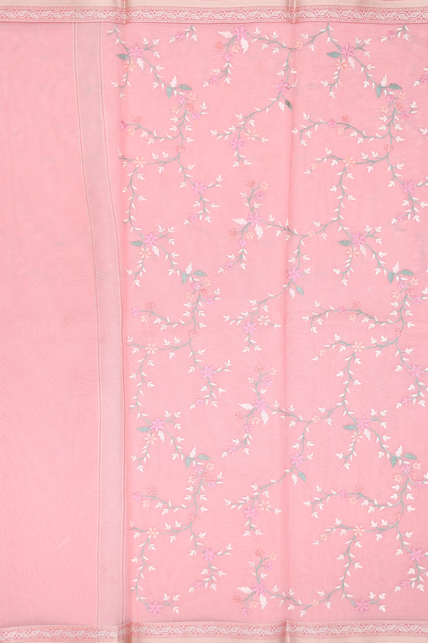 Kota Cotton Saree In Pink With Floral Embroidered Design