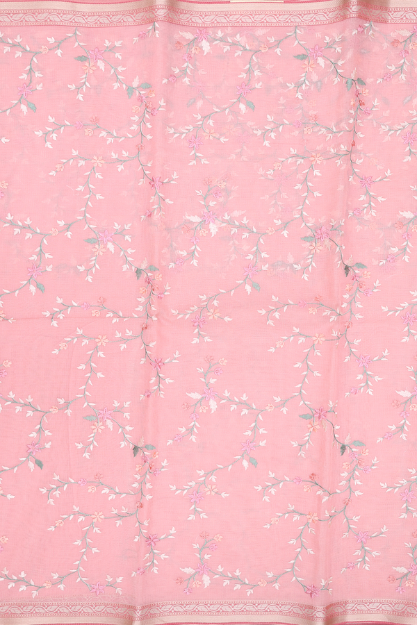 Kota Cotton Saree In Pink With Floral Embroidered Design
