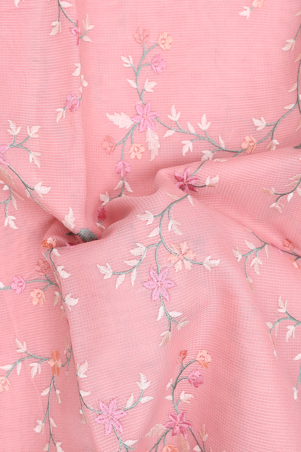 Kota Cotton Saree In Pink With Floral Embroidered Design