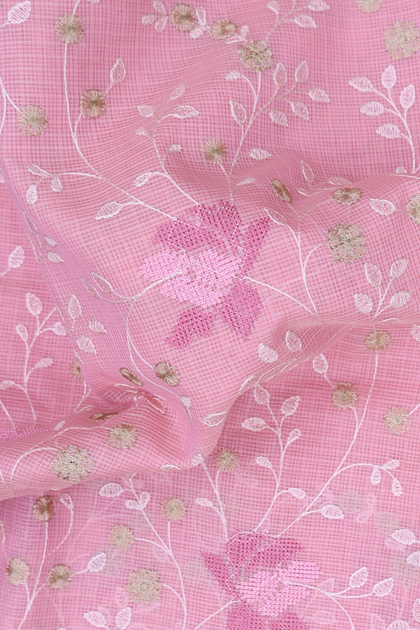 Kota Cotton Saree In Pink With Floral Embroidered Design