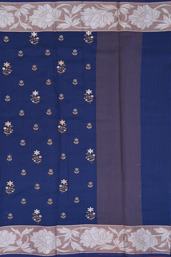 Kota Cotton Saree In Prussian Blue With Floral Buttas