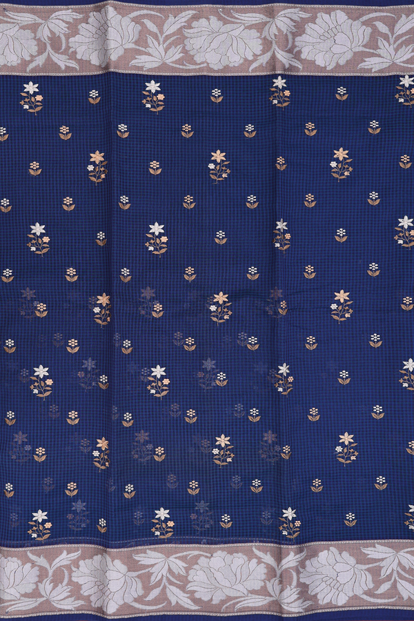 Kota Cotton Saree In Prussian Blue With Floral Buttas