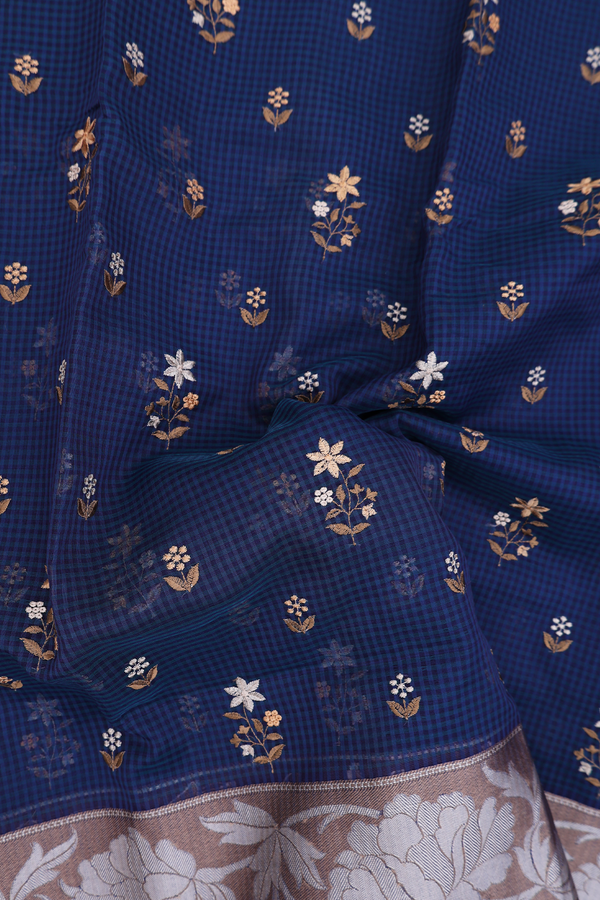 Kota Cotton Saree In Prussian Blue With Floral Buttas