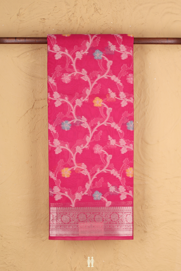 Kota Cotton Saree In Rani Pink With Floral Design