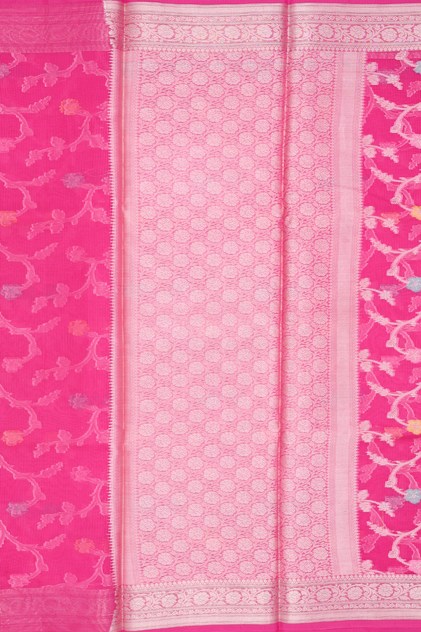 Kota Cotton Saree In Rani Pink With Floral Design