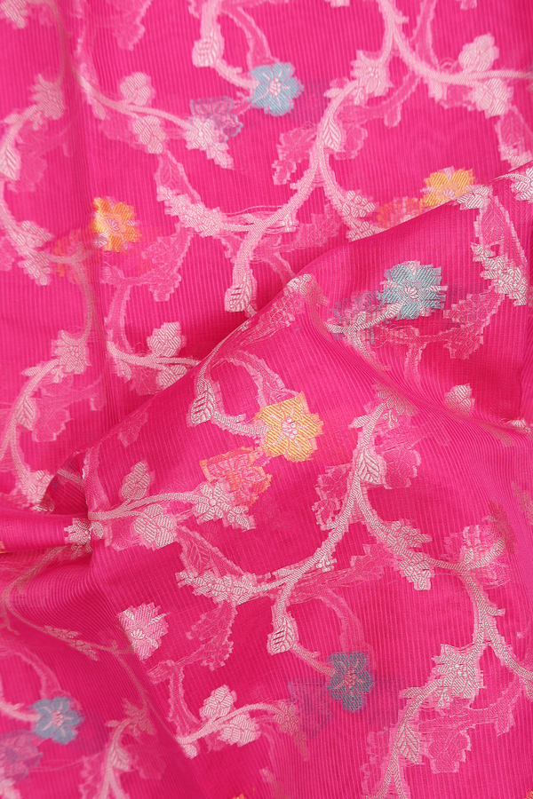 Kota Cotton Saree In Rani Pink With Floral Design