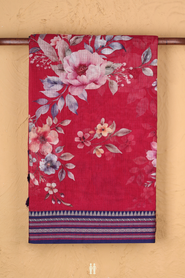 Kota Cotton Saree In Rose Red With Floral Printed Design