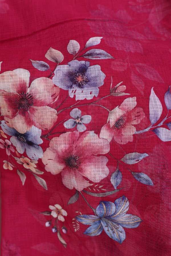 Kota Cotton Saree In Rose Red With Floral Printed Design