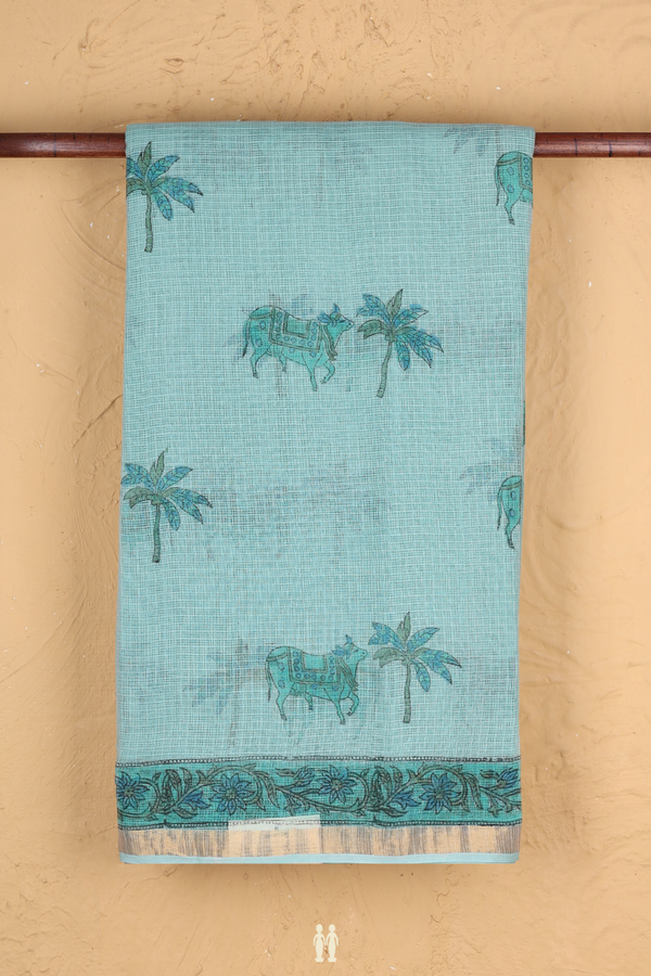Kota Cotton Saree In Turkish Blue With Printed Design