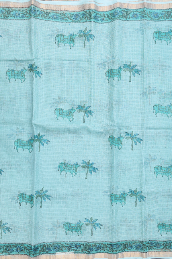 Kota Cotton Saree In Turkish Blue With Printed Design