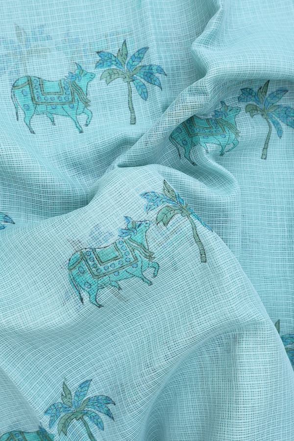 Kota Cotton Saree In Turkish Blue With Printed Design