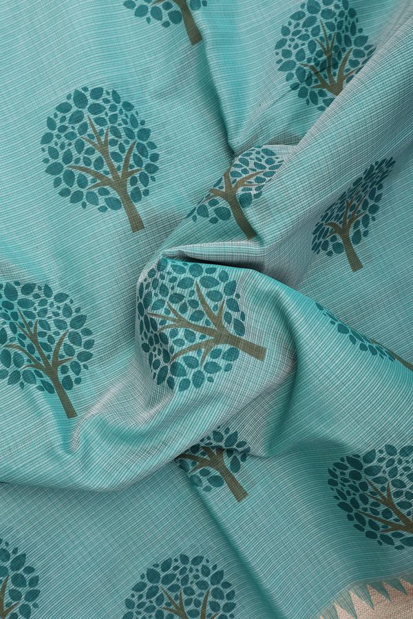 Kota Cotton Saree In Turkish Blue With Tree Motifs