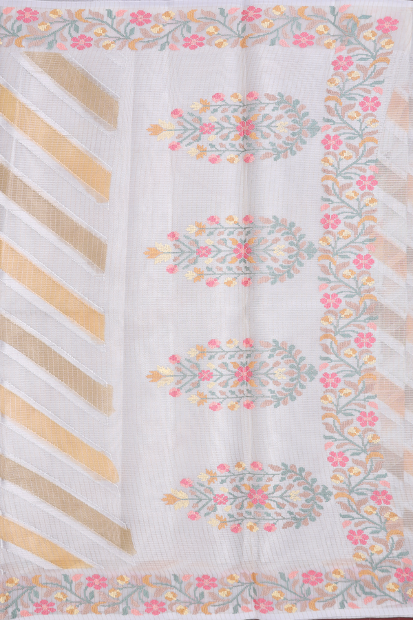 Kota Cotton Saree In White And Orange With Diagonal Design