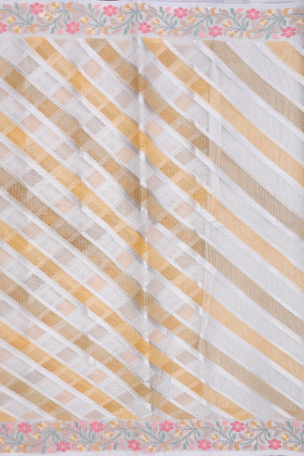 Kota Cotton Saree In White And Orange With Diagonal Design