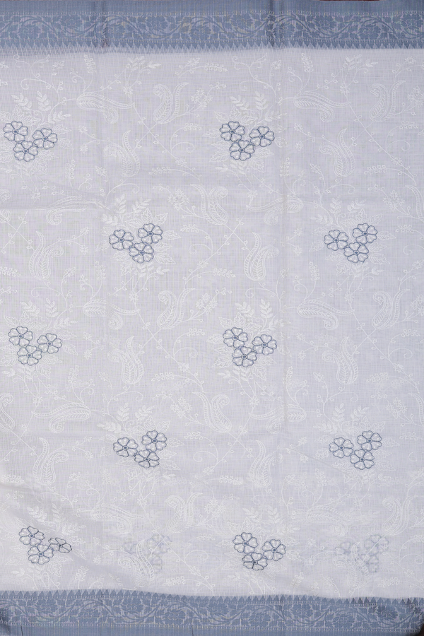 Kota Cotton Saree In White With Floral Embroidered Design