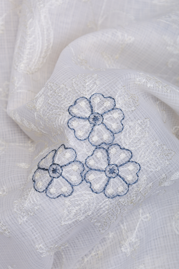 Kota Cotton Saree In White With Floral Embroidered Design