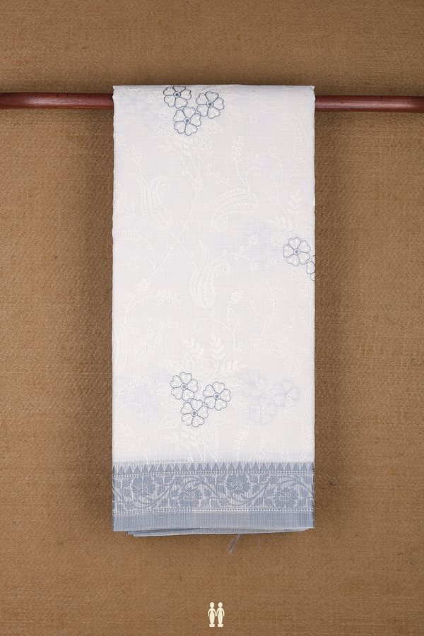Kota Cotton Saree In White With Floral Embroidered Design