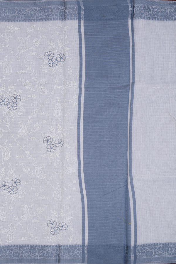 Kota Cotton Saree In White With Floral Embroidered Design