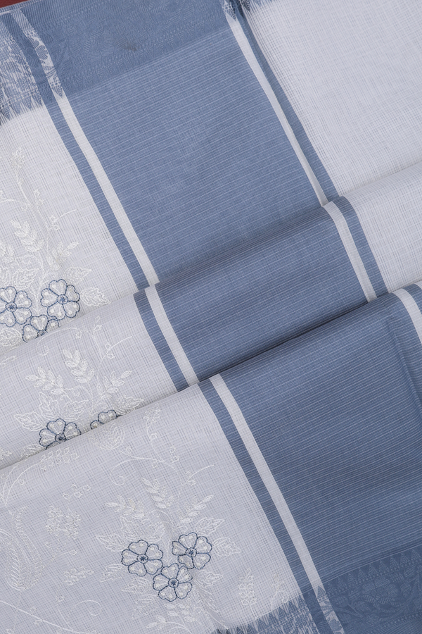 Kota Cotton Saree In White With Floral Embroidered Design