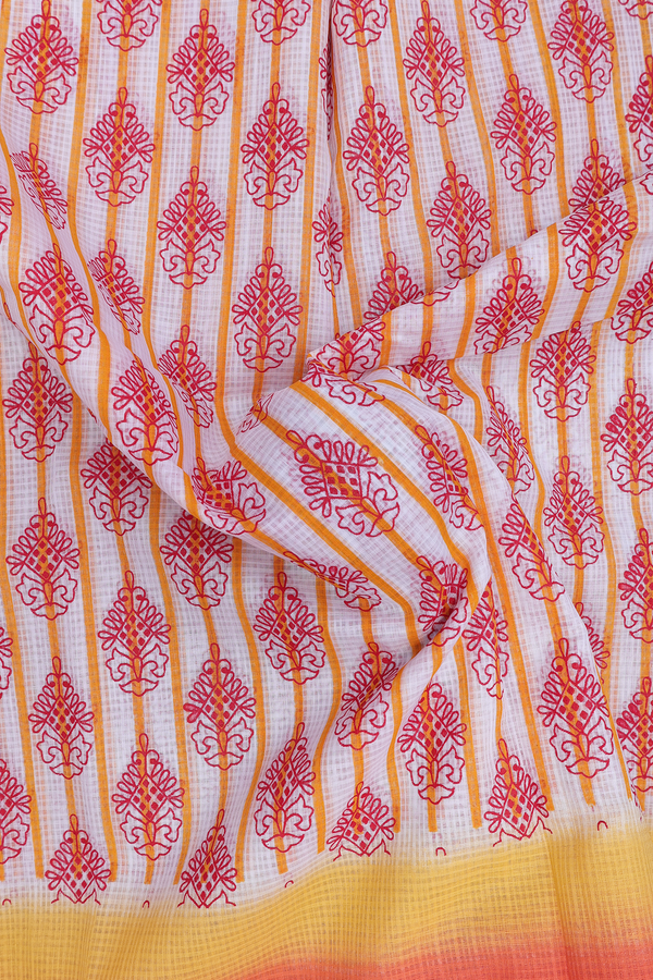 Kota Cotton Saree In White With Printed Design