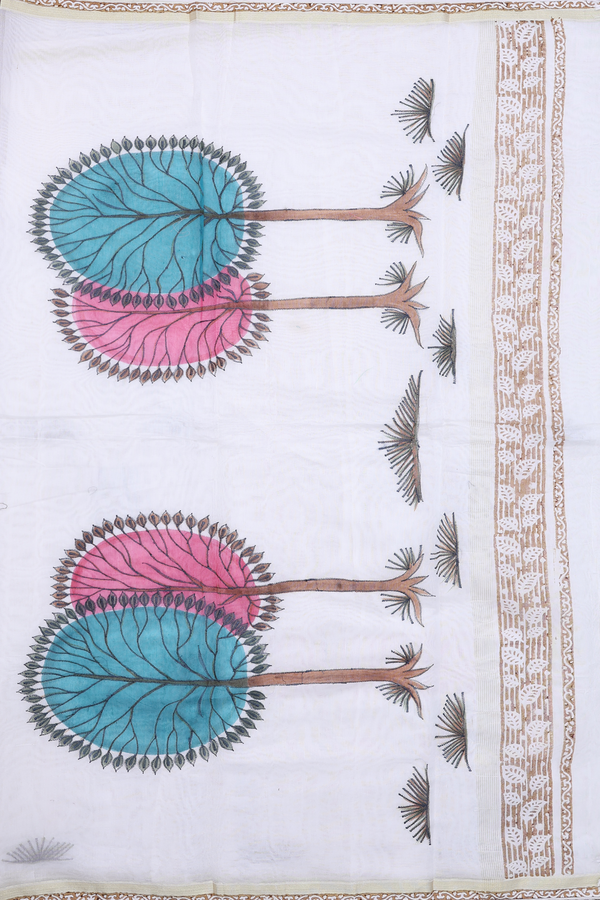 Kota Cotton Saree In White With Threadwork Buttas