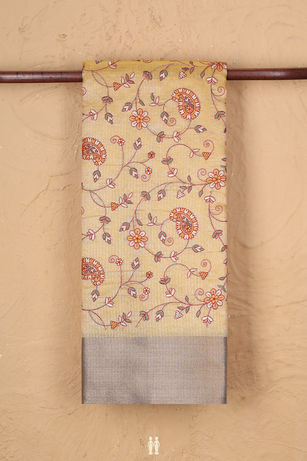 Kota Cotton Saree In Yellow With Floral Embroidered Design