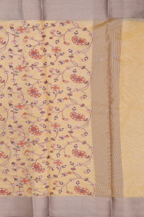 Kota Cotton Saree In Yellow With Floral Embroidered Design