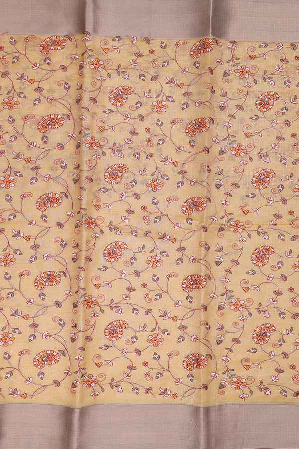 Kota Cotton Saree In Yellow With Floral Embroidered Design