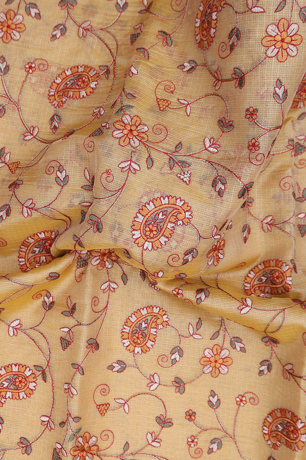 Kota Cotton Saree In Yellow With Floral Embroidered Design