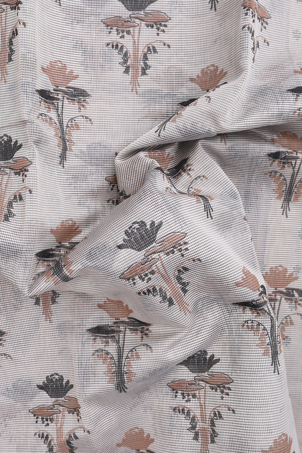Kota Cotton Saree In Pale Brown With Floral Design