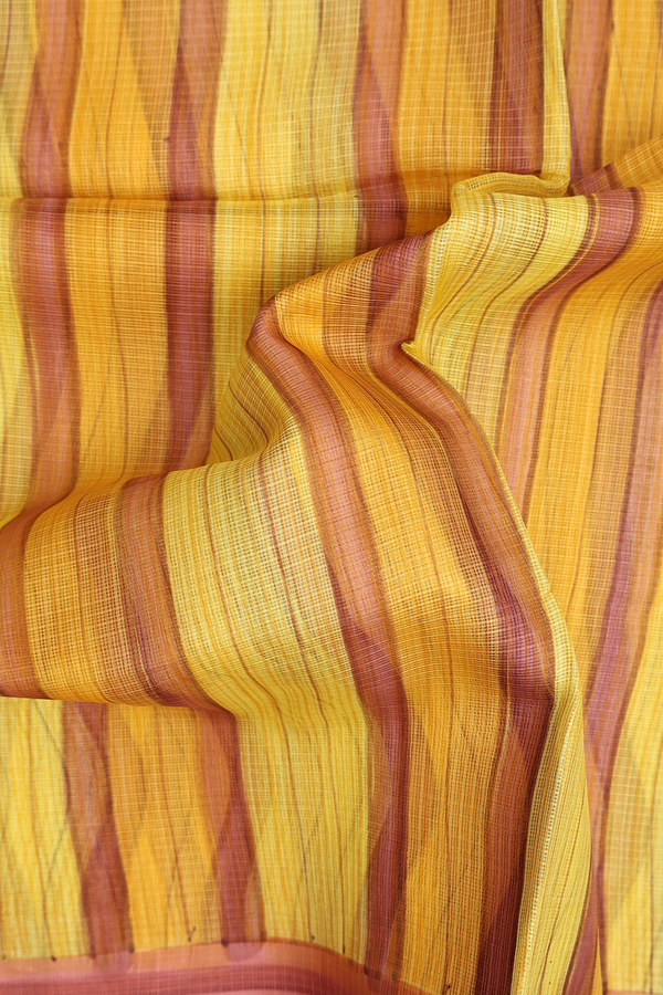 Kota Silk Saree In Yellow And Brown With Stripes Design