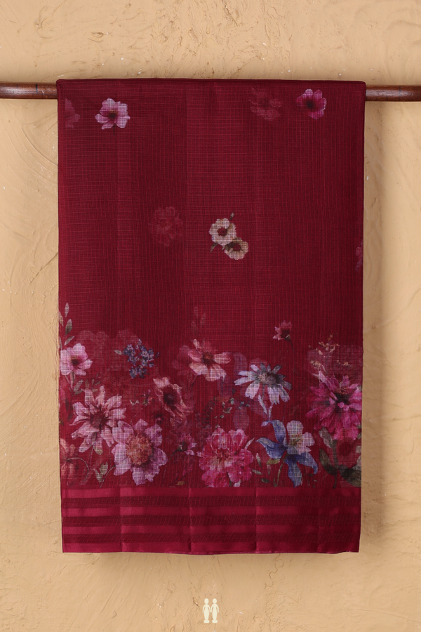 Kota Silk Saree In Burgundy Red With Floral Printed Design