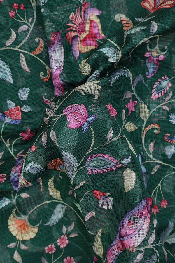 Kota Silk Saree In Dark Green With Floral Design