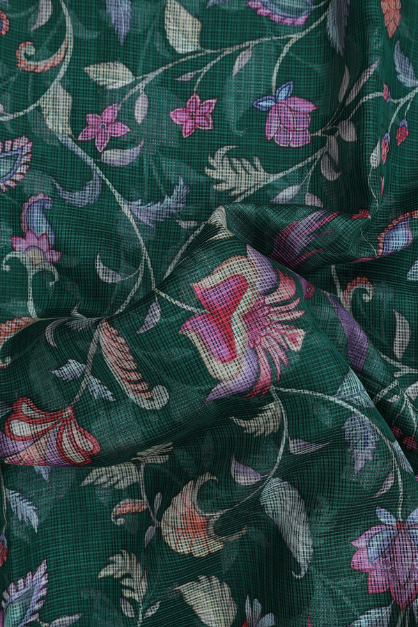 Kota Silk Saree In Forest Green With Floral Design