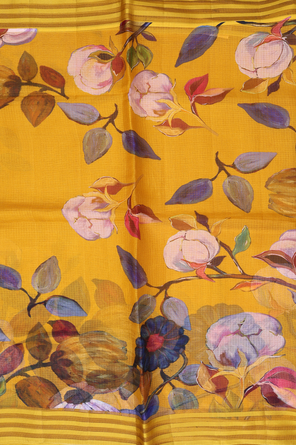 Kota Silk Saree In Golden Yellow With Floral Design