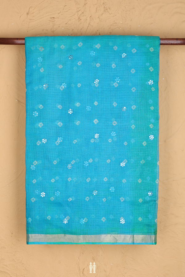 Kota Silk Saree In Green And Blue With Threadwork Buttas