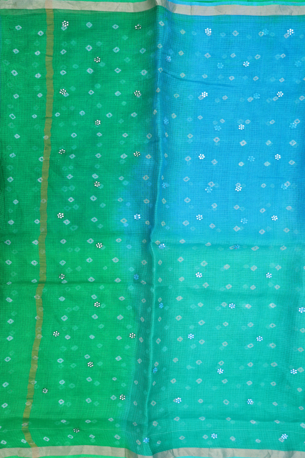Kota Silk Saree In Green And Blue With Threadwork Buttas