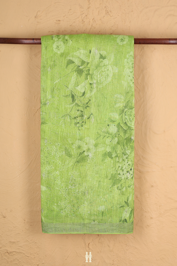 Linen Saree In Green With Floral Design
