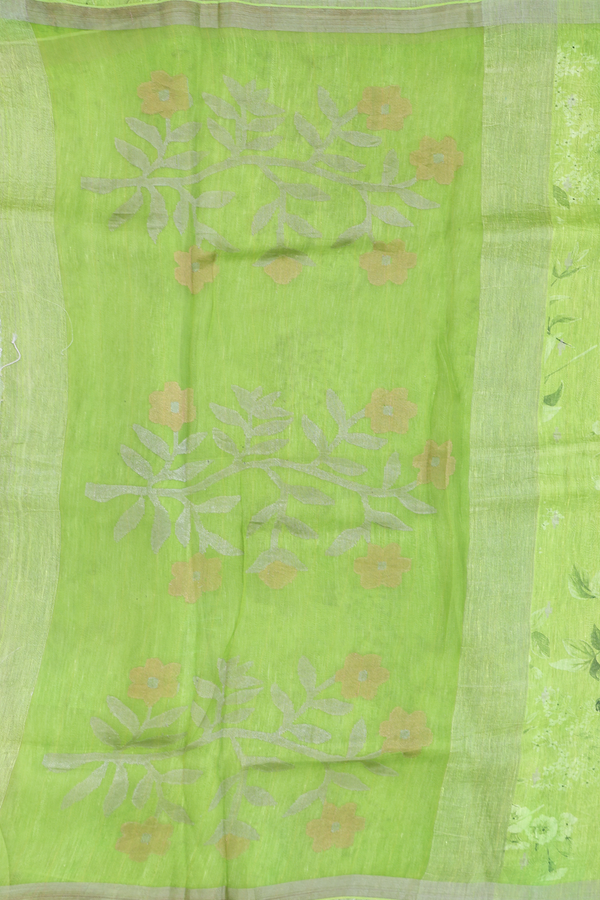 Linen Saree In Green With Floral Design