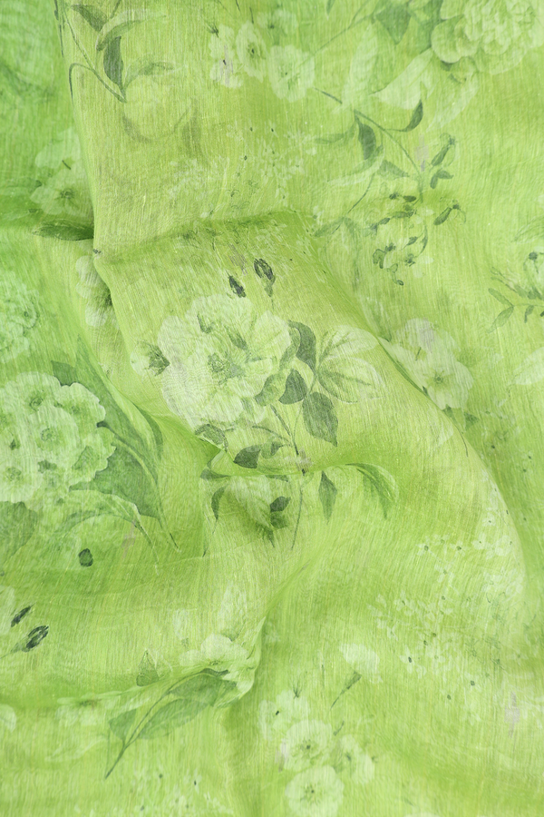 Linen Saree In Green With Floral Design