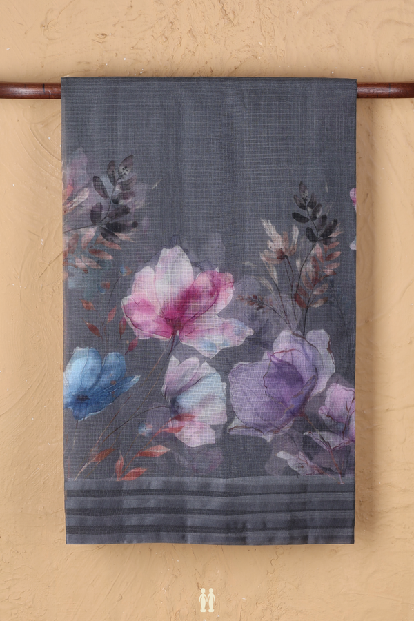 Kota Silk Saree In Grey With Floral Design